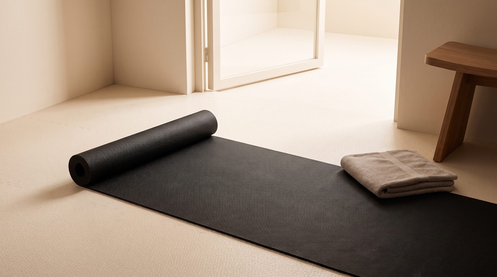 A partially unrolled exercise mat and folded towel in a quiet training corner.