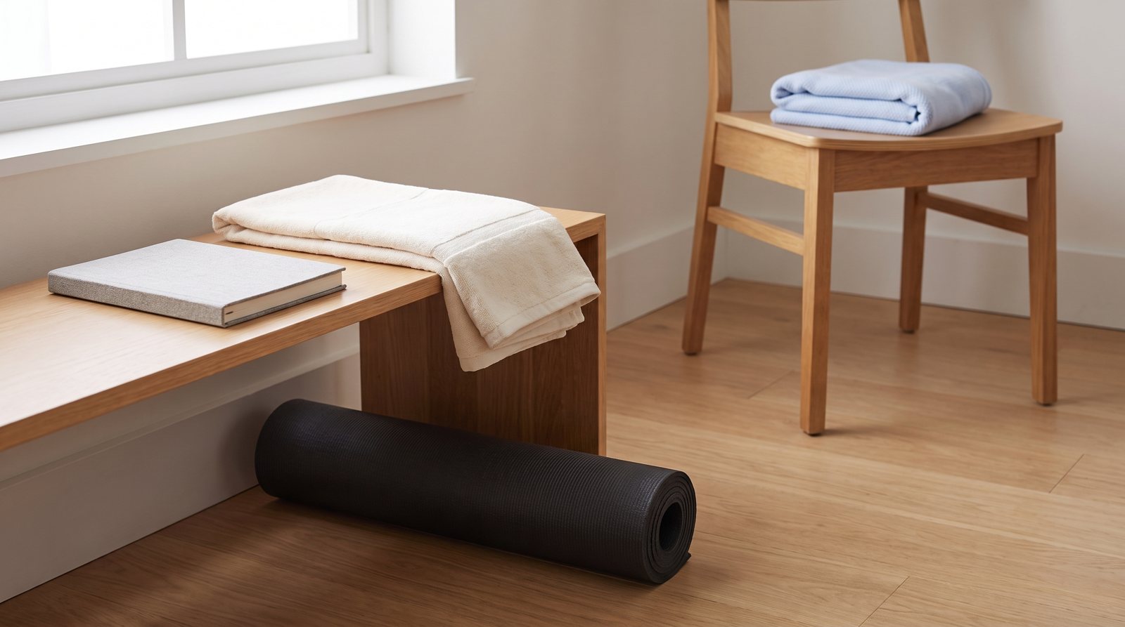 Exercise planning items beside a folded baby blanket.