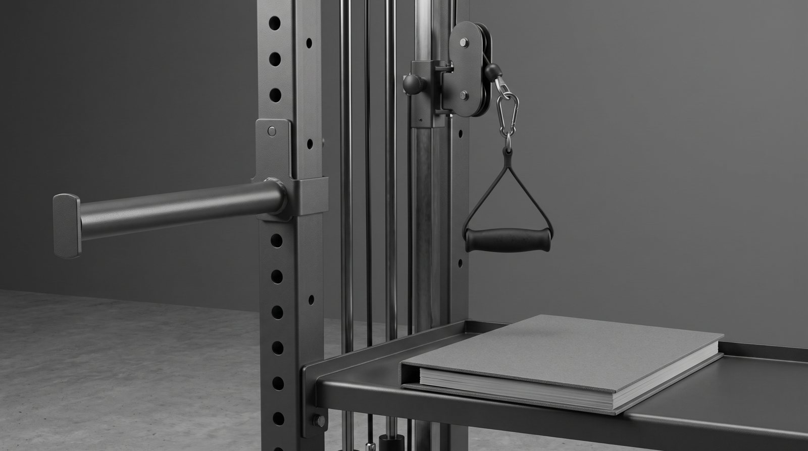 Rack supports and a cable attachment beside a closed specification folder.