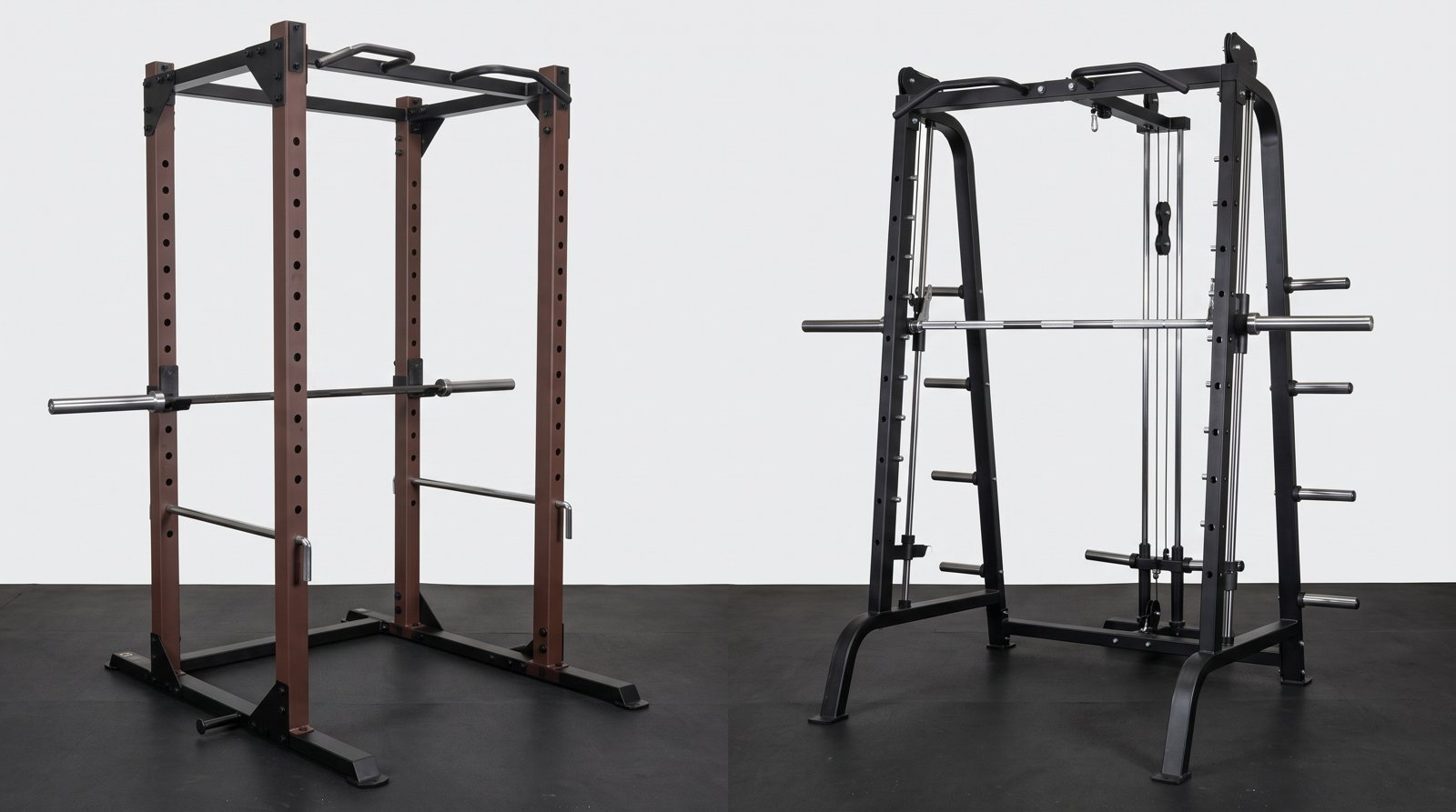 A free-bar rack beside a Smith machine with guide rails.