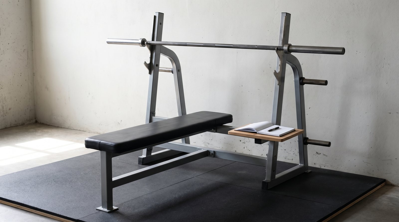 An empty bench-press station with a blank training log nearby.