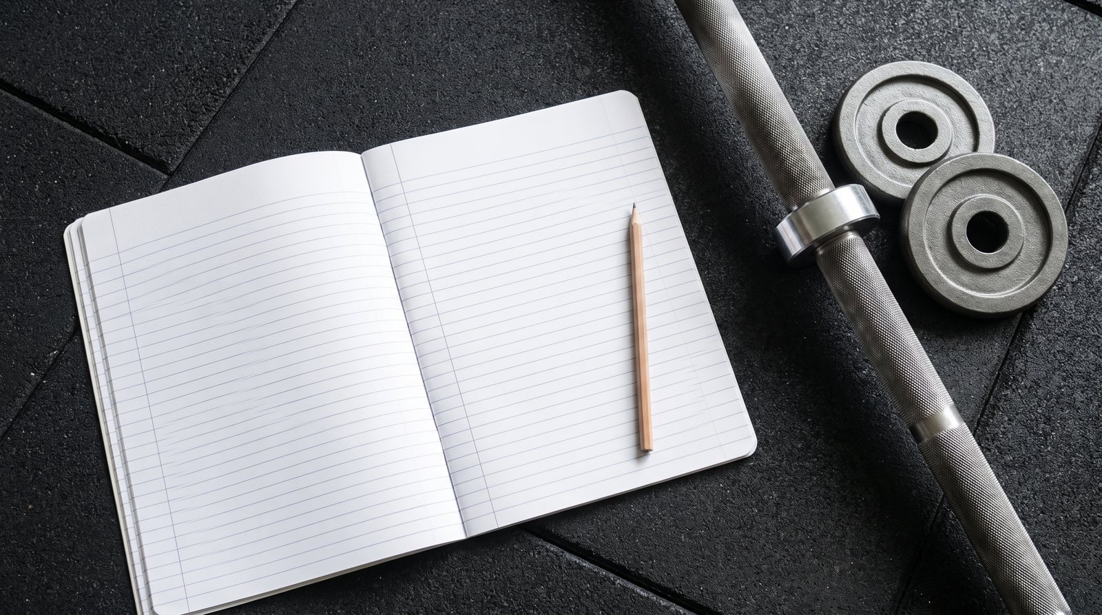 A blank training log beside unmarked barbell plates and a collar.