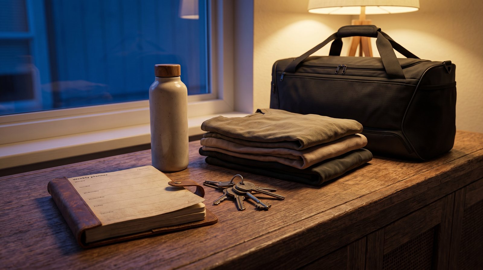 A blank planner, work keys and packed exercise bag arranged for a changing schedule.