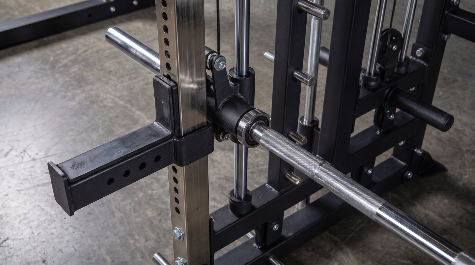 A Smith machine guide rail and bar carriage.