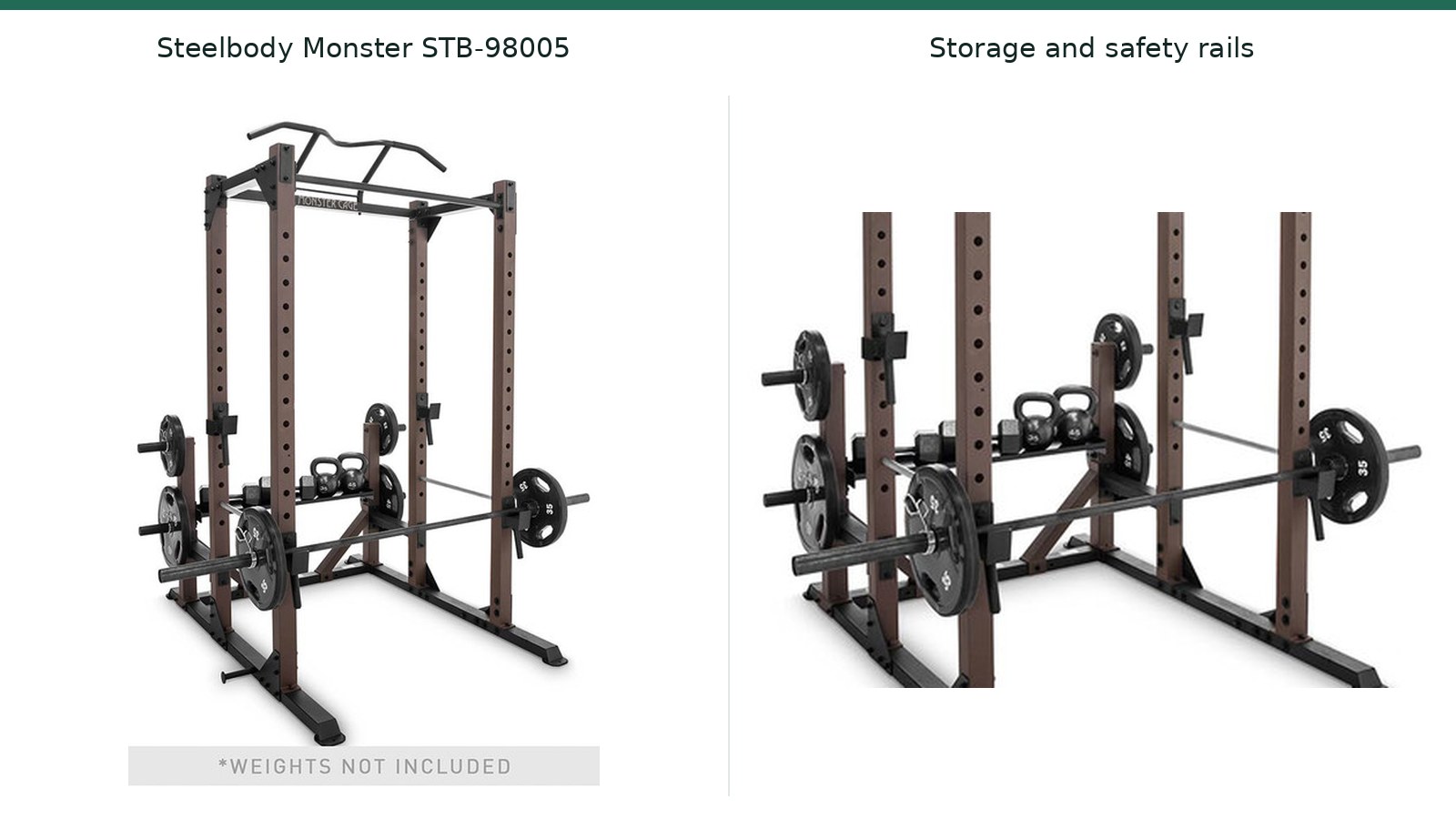 A source photograph of the Steelbody Monster STB-98005 rack with a detail of its storage and safety rails.