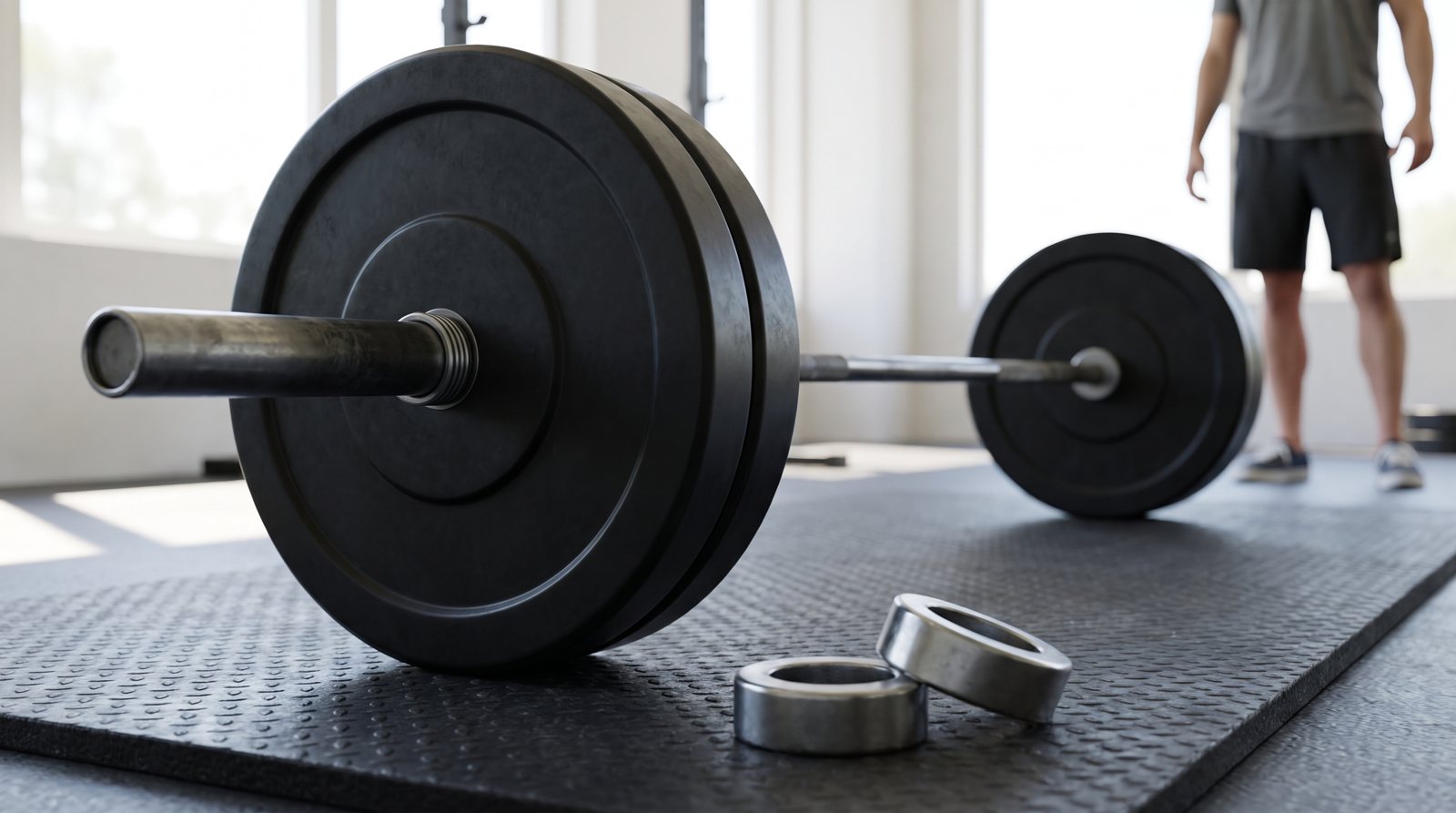 A barbell and collars on a rubber lifting platform.