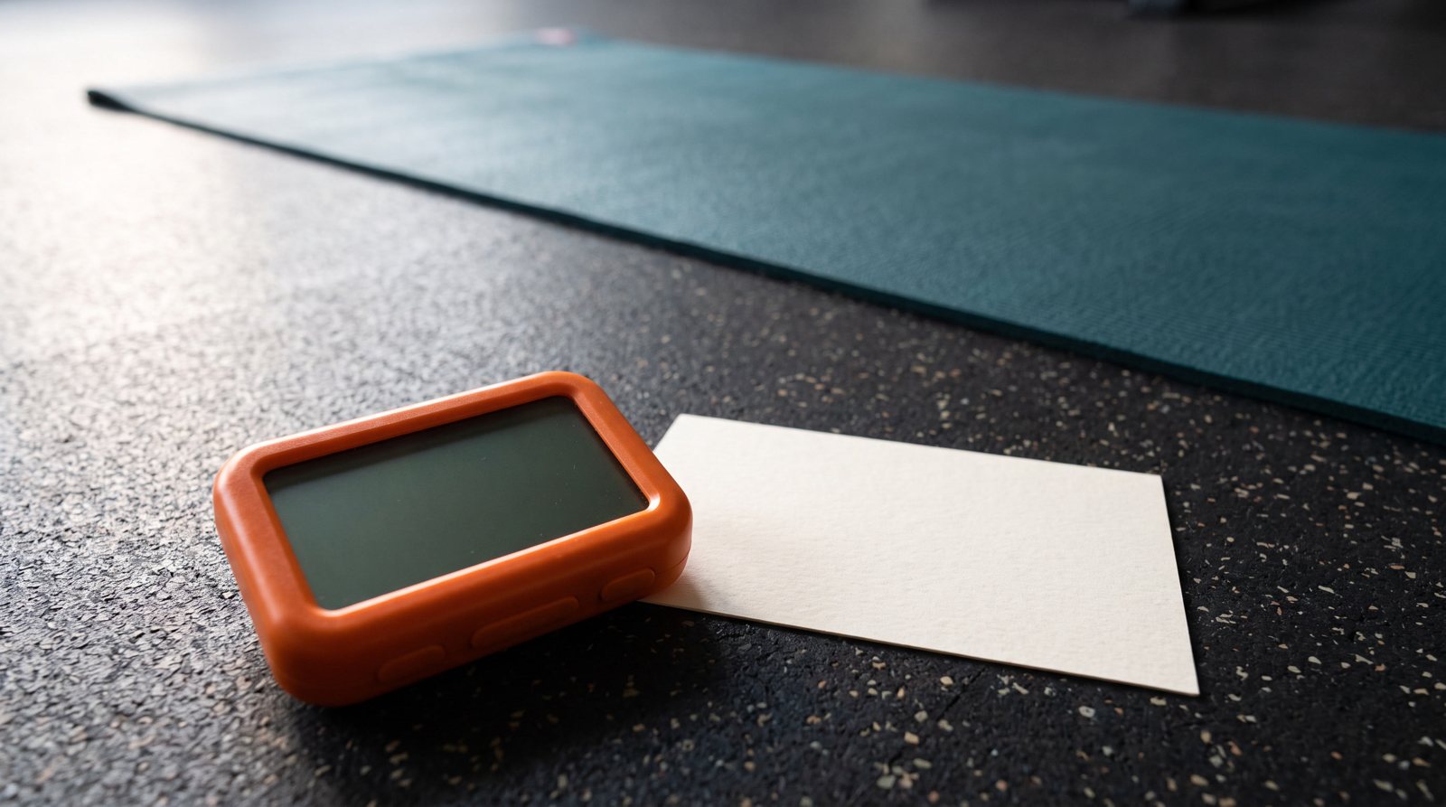 An unlit interval timer and blank card beside an exercise mat.