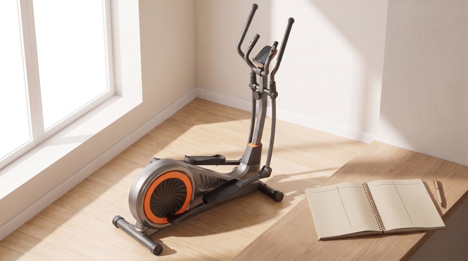 A home elliptical beside a blank comparison notebook.