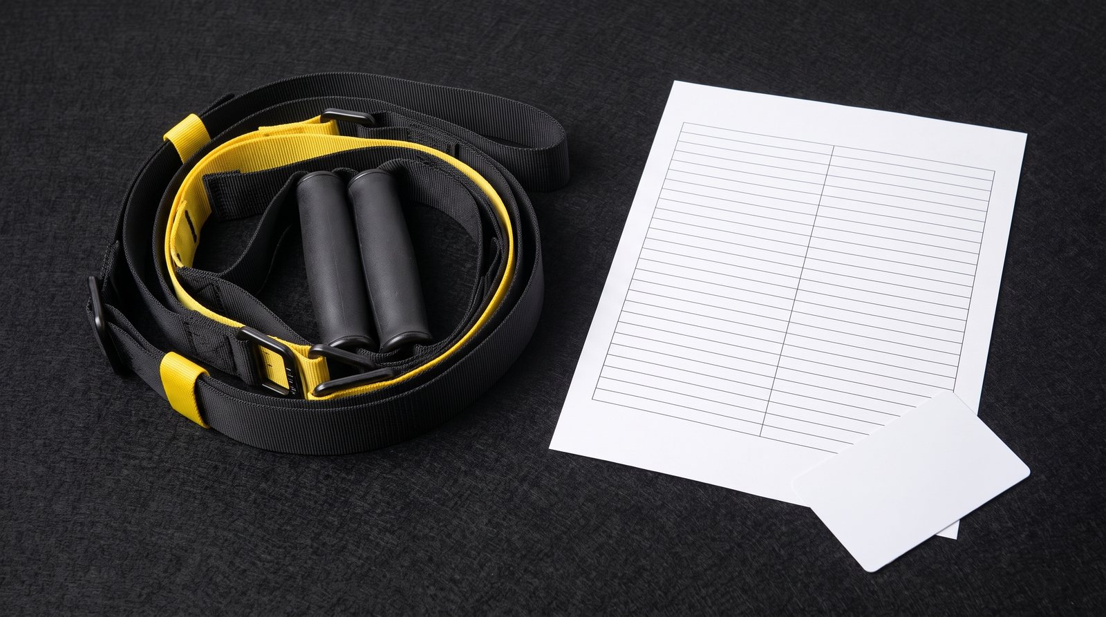 Uninstalled suspension straps beside a blank membership comparison worksheet.