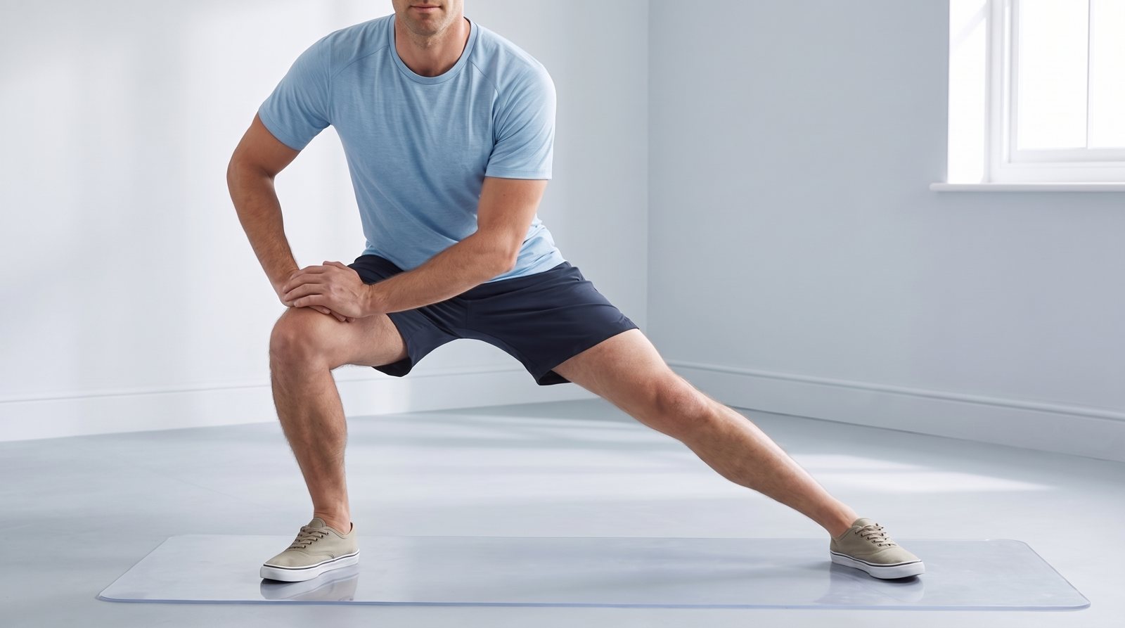 A side-lunge movement on a clear exercise floor.