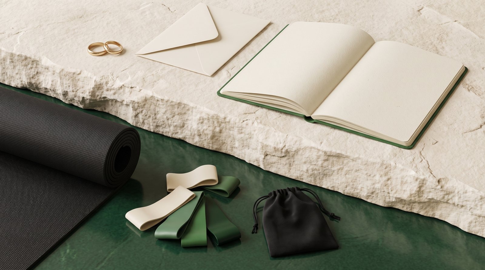 Wedding bands and a blank workout notebook beside a rolled exercise mat.