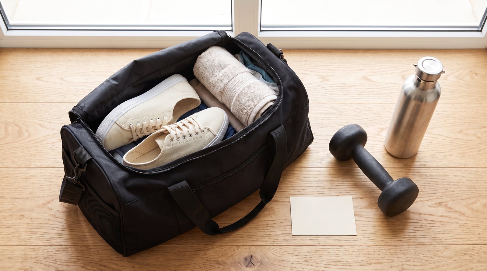 An open gym bag with plain trainers and a towel beside a smooth dumbbell.