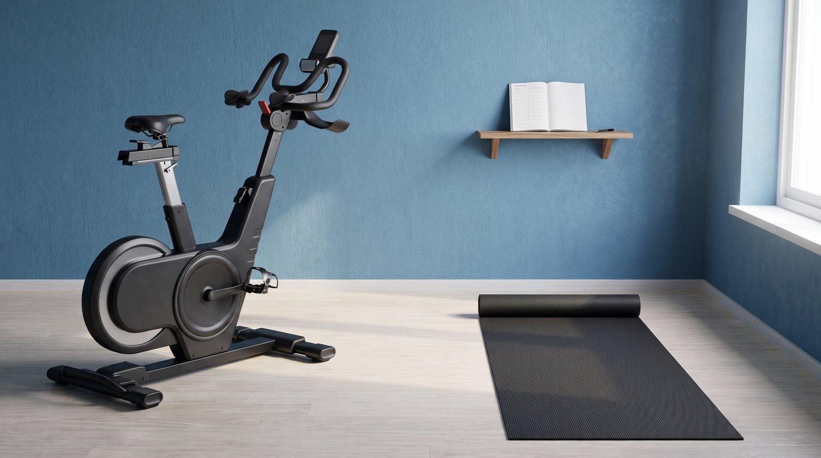 A stationary bike and separate mat area with a blank training log.