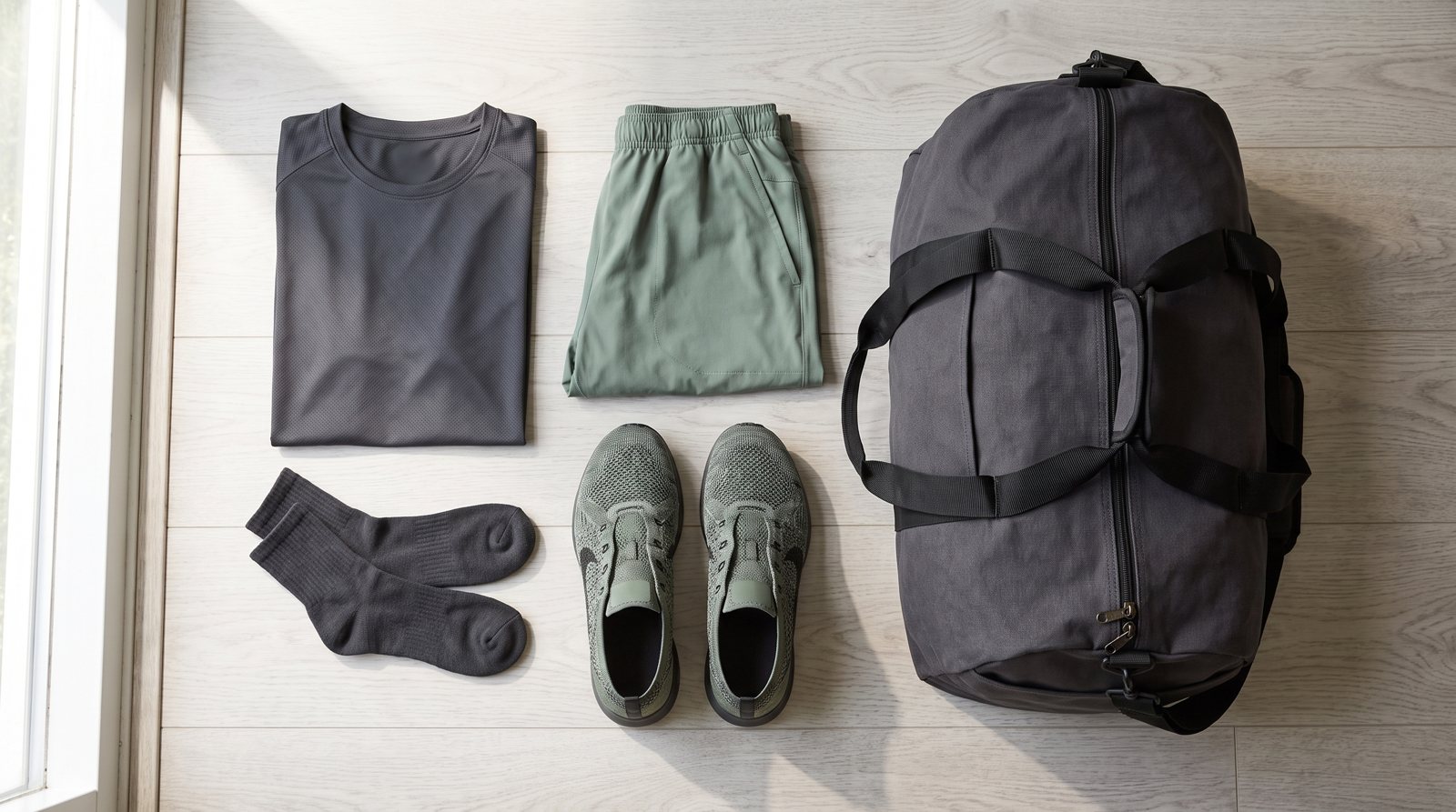 Plain exercise clothes, socks and shoes laid out beside a gym bag.