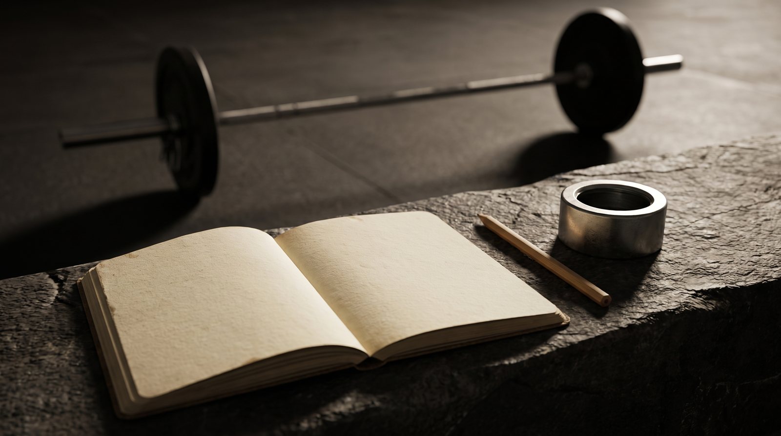 A blank training diary and bar collar with a loaded barbell behind.