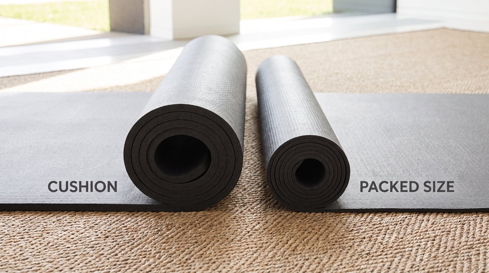 Two exercise mat profiles compare cushioning and packed size without numerical measurements.